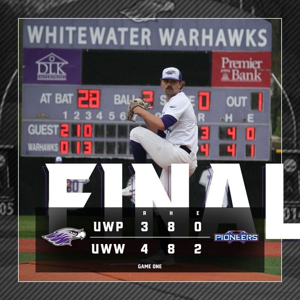 Warhawks take game one! 

Game Highlights:
E. Frank: 1/4, RBI
A. Thies: 1/4, RBI
S. Paden: 1/2, RBI
SP: J. Hagen: 5 IP, 7 Ks
S: L. Eisenbarth: 3 IP, 2 Ks