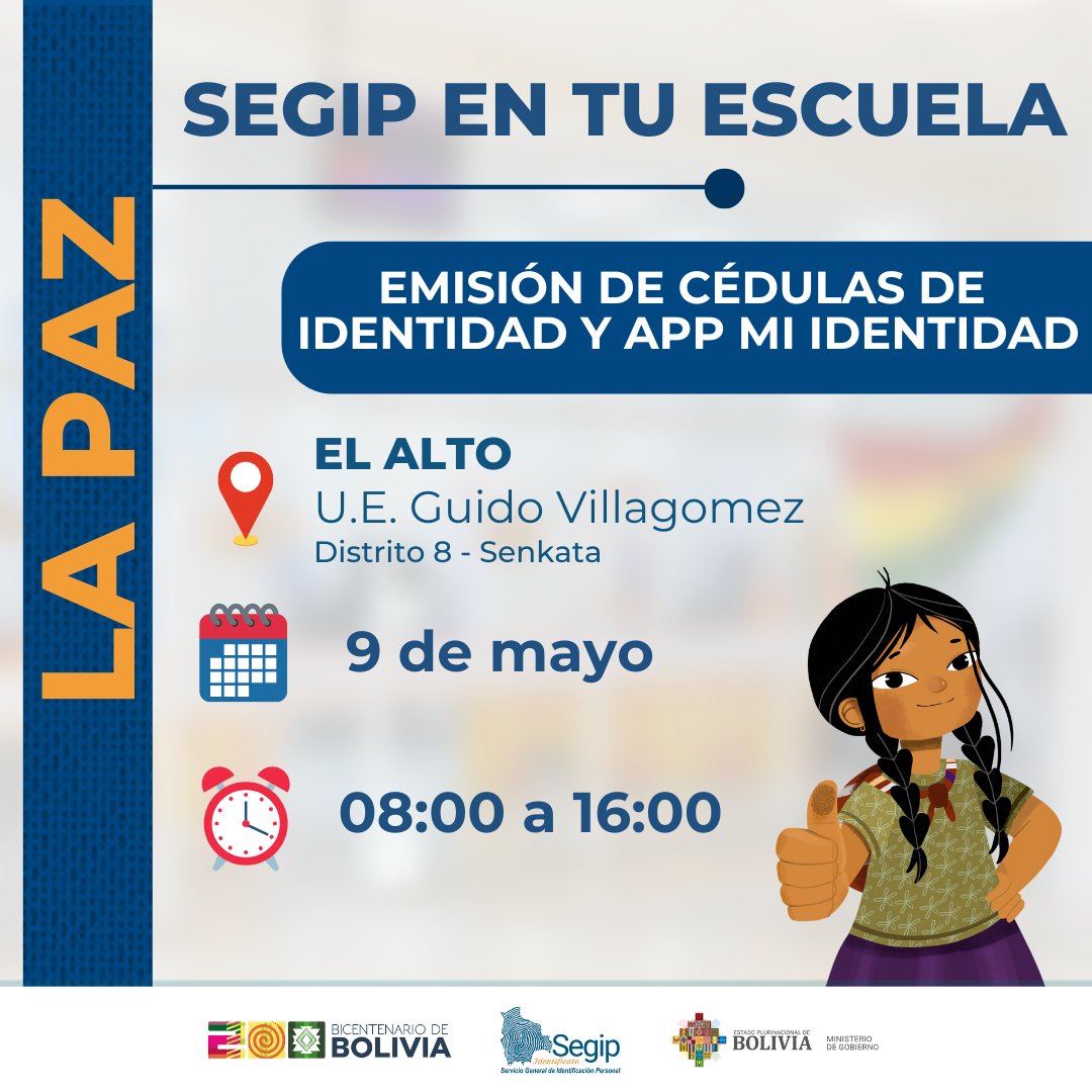 #LaPazLibreDeIndocumentados

¡Las #BrigadasDelBicentenario se despliegan esta semana en distintos municipios de La Paz!

Del 5 al 9 de mayo, continuamos acercando el derecho a la identidad a cada rincón del departamento, llevando la #CédulaDelBicentenario a más paceñas y paceños.