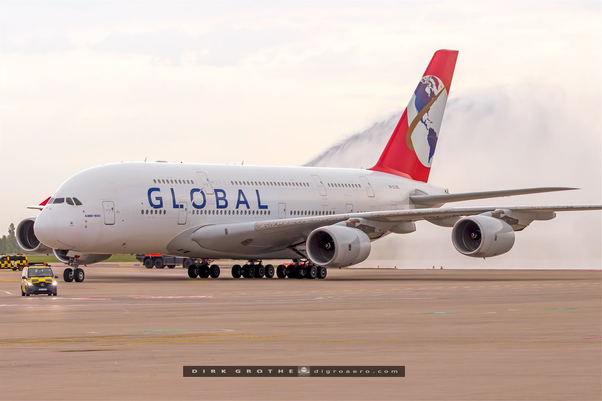 digro65's tweet image. Arrival of the unique @globalairlines A380 9H-GLOBL as HFM801 from Barcelona today at @berlinairport with CEO @james_asquith on board. Departure is scheduled for tomorrow 1100am as HFM802 to London-Gatwick.
The first A380 in service with Global Airlines is operated by Hi Fly…