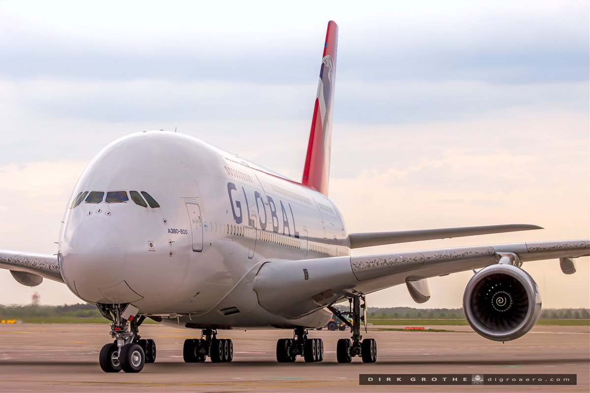 digro65's tweet image. Arrival of the unique @globalairlines A380 9H-GLOBL as HFM801 from Barcelona today at @berlinairport with CEO @james_asquith on board. Departure is scheduled for tomorrow 1100am as HFM802 to London-Gatwick.
The first A380 in service with Global Airlines is operated by Hi Fly…
