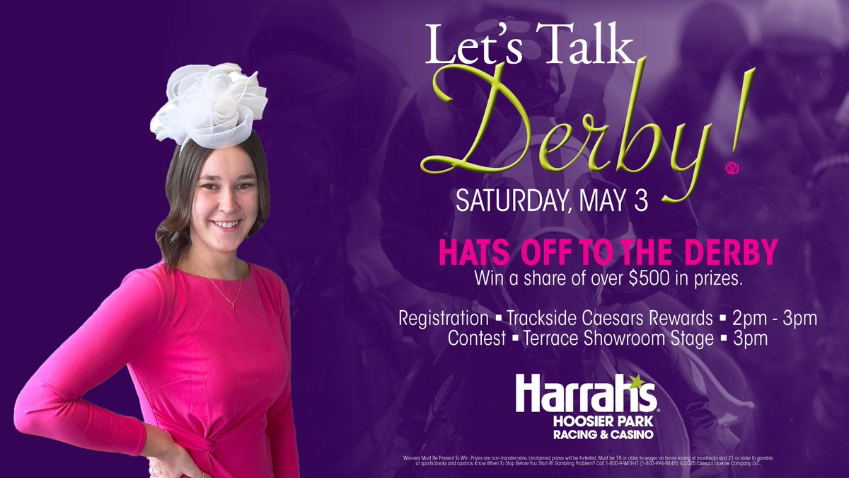Harrah's Hoosier Park (@hop_racing) on Twitter photo What's the 151st Derby without Derby Hats?!
Wear your best Derby hat and head on out to <a href="/HoP_Racing/">Harrah's Hoosier Park</a>. Starting at 2pm, the first 50 guests can sign up to get in on our Derby Hat Contest to win a share of $500 in prizes! #PlayHP What's the 151st Derby without Derby Hats?!
Wear your best Derby hat and head on out to <a href="/HoP_Racing/">Harrah's Hoosier Park</a>. Starting at 2pm, the first 50 guests can sign up to get in on our Derby Hat Contest to win a share of $500 in prizes! #PlayHP
