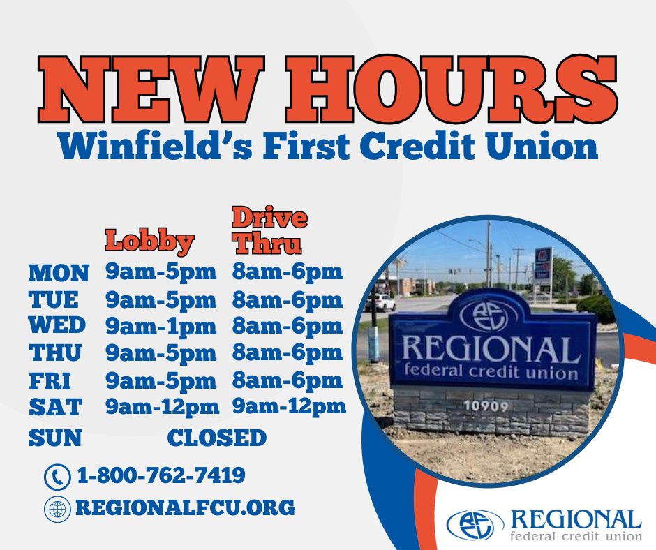 REGIONALFCU's tweet image. Winfield&apos;s First Credit Union is updating their drive-thru hours. Check out the new hours here and on our website.

regionalfcu.org/learn/location…

#REGIONALDifference #Winfield #DriveThruHours