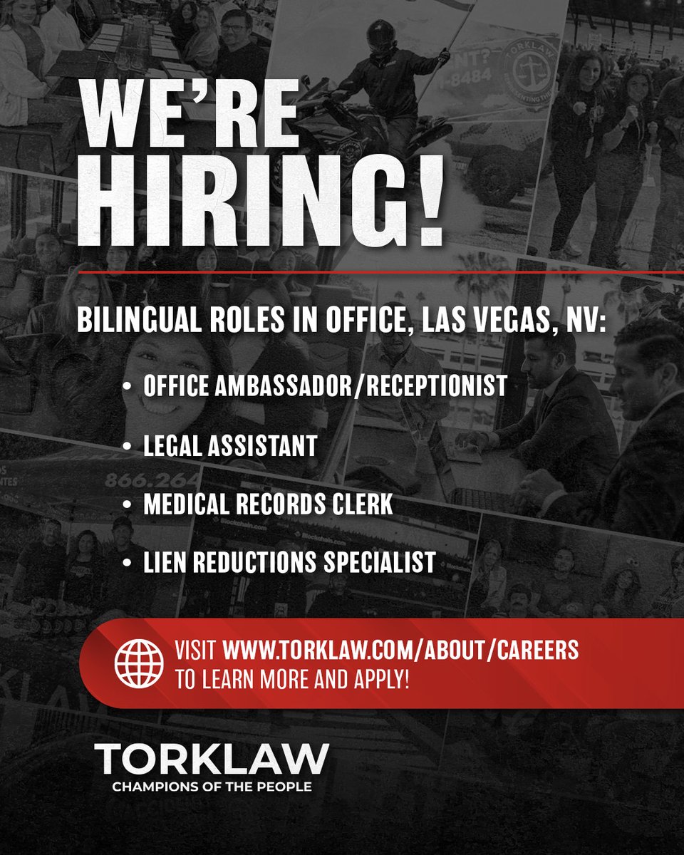 TORKLAW is expanding in Las Vegas, and we’re hiring for multiple roles across our team!

If you're looking for a career with purpose—surrounded by people who value integrity, growth, and impact—don’t hesitate to apply.

📢 Help us spread the word: tag someone who's job hunting or