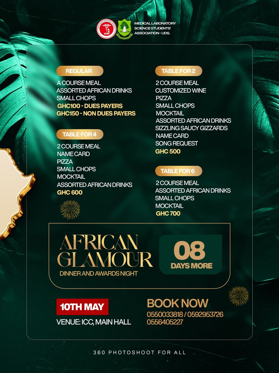 8 days until the African Glamour Dinner and Awards Night... Don't be the one hearing about it after! 👀 Book your table now and join the celebration!
📌 Deadline for buying of tickets is Thursday, 8th May, 2025.
📞 (0550033818/0592953726)

 #AfricanGlamour
 #DinnerAndAwards