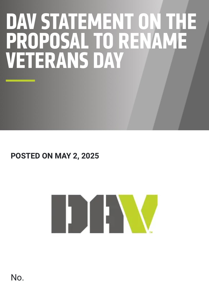 Solid statement from <a href="/DAVHQ/">Disabled American Veterans (DAV)</a> on Trump’s ludicrous idea to rename Veterans Day.