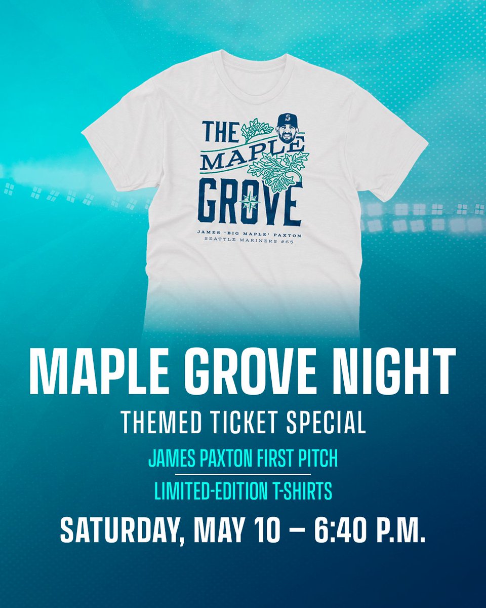 Mariners's tweet photo. 🍁 Big Maple returns to @TMobilePark 🍁

Watch James Paxton throw out the first pitch next Saturday and snag a limited-edition Maple Grove T-shirt through this special offer. #TridentsUp

>> https://t.co/tLM9SPFASZ << https://t.co/uGiAFKvYMy
