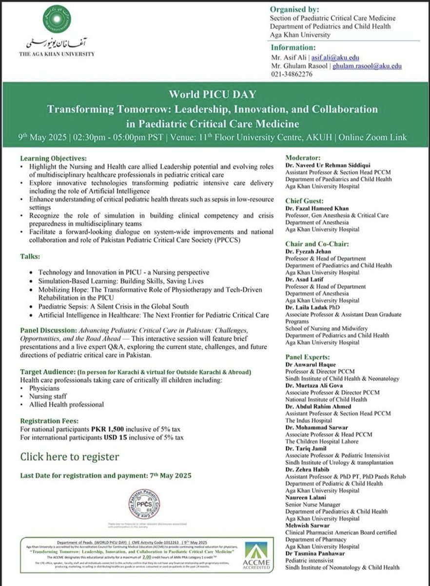 Naveed-ur-Rehman Siddiqui MBBS FCCM (@drnrsvd) on Twitter photo 🚨 Join us for World PICU Day 2025! 🚨
🗓 Date: 9th May 2025 | 🕒 2:30–5:00 PM (PST)
📍 Venue: <a href="/AKUGlobal/">Aga Khan University</a>, Karachi | 🌐 Hybrid: Online for outside Karachi & abroad
Endorsed by Pakistan Pediatric Critical Care Society (PPCCS), this 2-hour CME brings together leading experts from 🚨 Join us for World PICU Day 2025! 🚨
🗓 Date: 9th May 2025 | 🕒 2:30–5:00 PM (PST)
📍 Venue: <a href="/AKUGlobal/">Aga Khan University</a>, Karachi | 🌐 Hybrid: Online for outside Karachi & abroad
Endorsed by Pakistan Pediatric Critical Care Society (PPCCS), this 2-hour CME brings together leading experts from