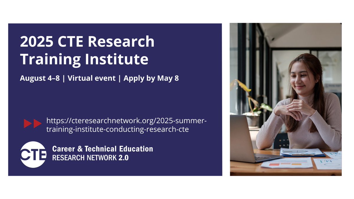 American Institutes for Research (@airinforms) on Twitter photo Level up your research in career and technical education (CTE). The <a href="/CTEResNetwork/">CTE Research Network 2.0</a> is hosting a free Summer Training Institute August 4-8, offering intensive online training on research methods.
Applications close May 8, 2025. Learn more and apply: cteresearchnetwork.org/2025-summer-tr… Level up your research in career and technical education (CTE). The <a href="/CTEResNetwork/">CTE Research Network 2.0</a> is hosting a free Summer Training Institute August 4-8, offering intensive online training on research methods.
Applications close May 8, 2025. Learn more and apply: cteresearchnetwork.org/2025-summer-tr…