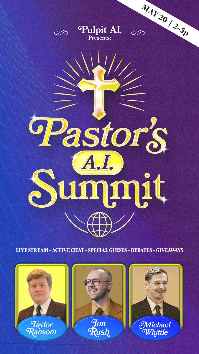 PulpitAI's tweet photo. You’re invited to a raw, unfiltered event where pastors actually talk about AI without the tech-bro hype or doom-scrolling panic. 

@realtaylorransom, @jonwrush & @michaelwhittle are hosting a 3-hour digital gathering (feels too buttoned-up to call it a “summit,” but here we are) where we’re diving into the messiness of ministry and machines.

What’s happening:
🦾 Debates about AI’s place in sermon preparation (Is it a research assistant or a shortcut?)

🦾 Live demonstrations that show what this technology actually does 

🦾 Guest call-ins from pastors in the trenches

Theological implications: Is there something spiritually concerning here, or are we just afraid of change? (Like our predecessors who thought microphones were of the devil...)

And of course some comedy, memes and special appearances from Global Sr. Pastors. 

We’re streaming this whole beautiful mess across YouTube and X.

Brought to you by Pulpit AI + @subsplash , but don’t worry, this isn’t a 3-hour sales pitch. It’s pastors talking to pastors about the tools reshaping our world.