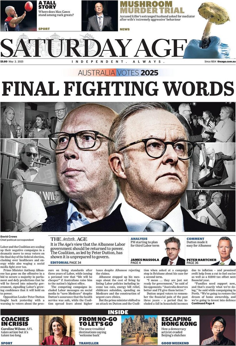ukpapers's tweet photo. Same Story, Same Author, Different Headline
@smh @theage @CroweDM
(More readable on The Age Picture)
#frontpagestoday #Australia #SaturdayPapers https://t.co/S3ZCevsFk9