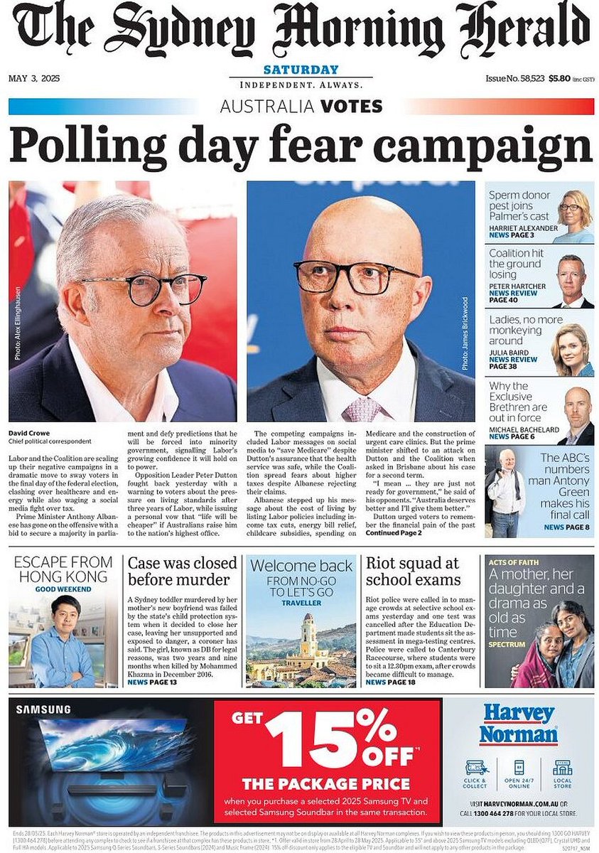 ukpapers's tweet photo. Same Story, Same Author, Different Headline
@smh @theage @CroweDM
(More readable on The Age Picture)
#frontpagestoday #Australia #SaturdayPapers https://t.co/S3ZCevsFk9