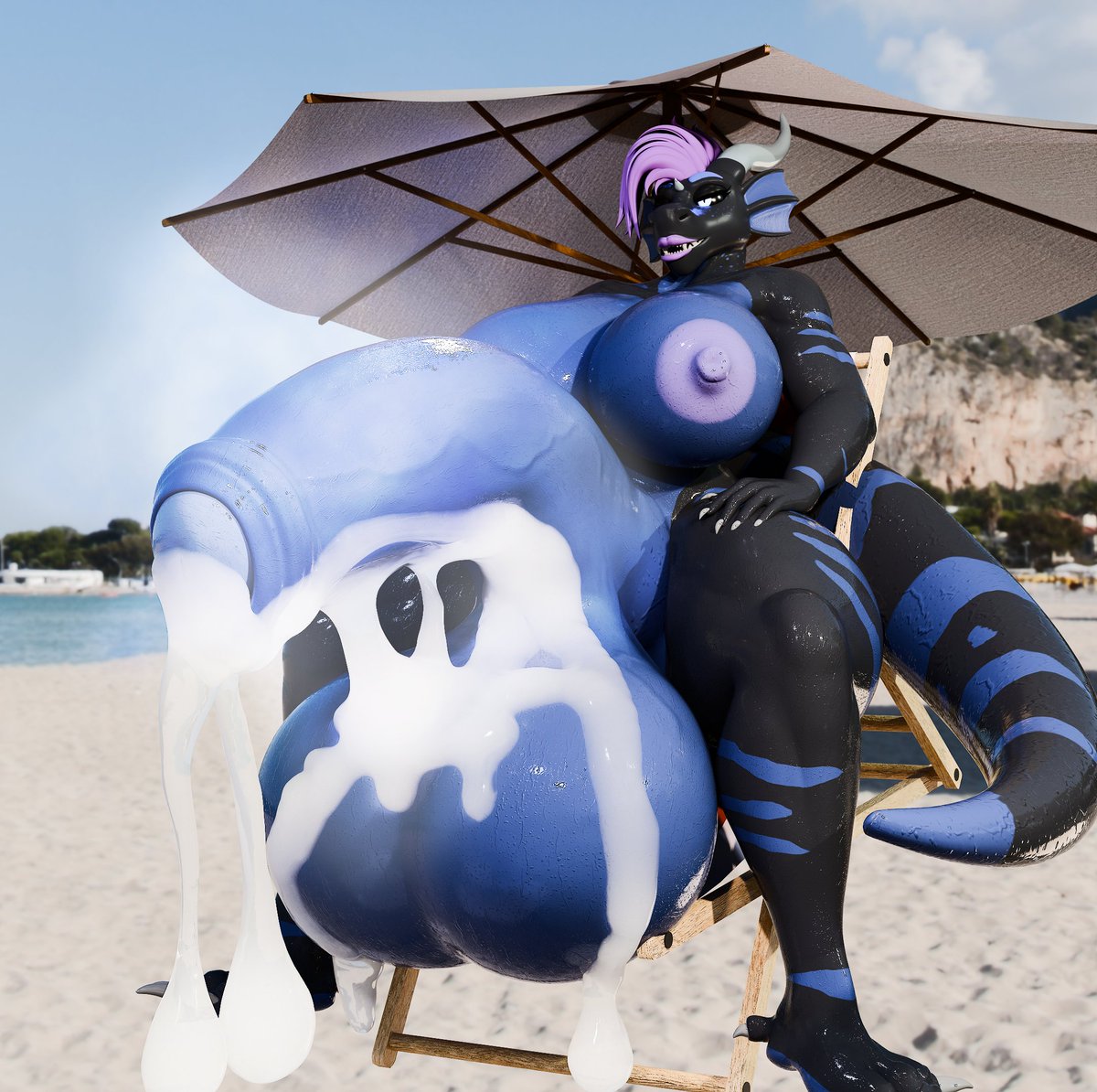 The heat is quickly rolling around and the big gal is taking advantage and soaking some rays, though she seems to have forgotten about that massive reservoir between her legs~