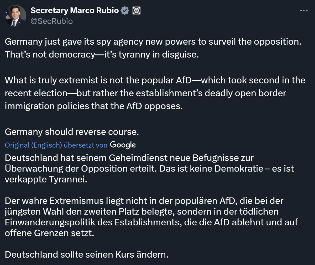 haraldlaatsch's tweet image. Der US Außenminister #Rubio findet klare Worte für den aufkeimenden Faschismus unter #Faeser in Deutschland.