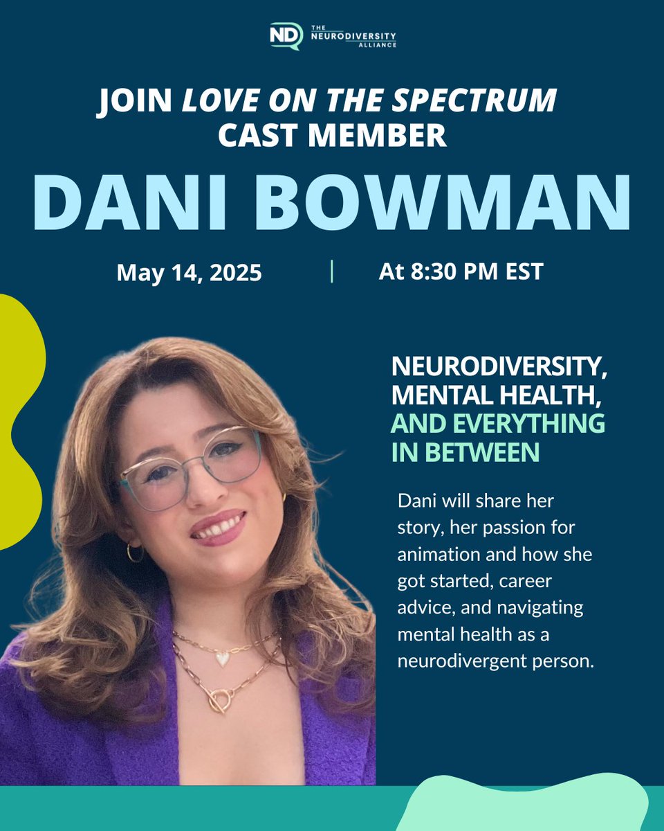 We’re so excited to welcome Dani Bowman from Love on the Spectrum for a live webinar on neurodiversity, mental health, and her journey in animation! 🎙💛

📅 May 14 | 8:30 PM ET
🔗 Sign up: thendalliance.org/eventrsvp

#ActuallyAutistic #DaniBowman #TheNeurodiversityAlliance
