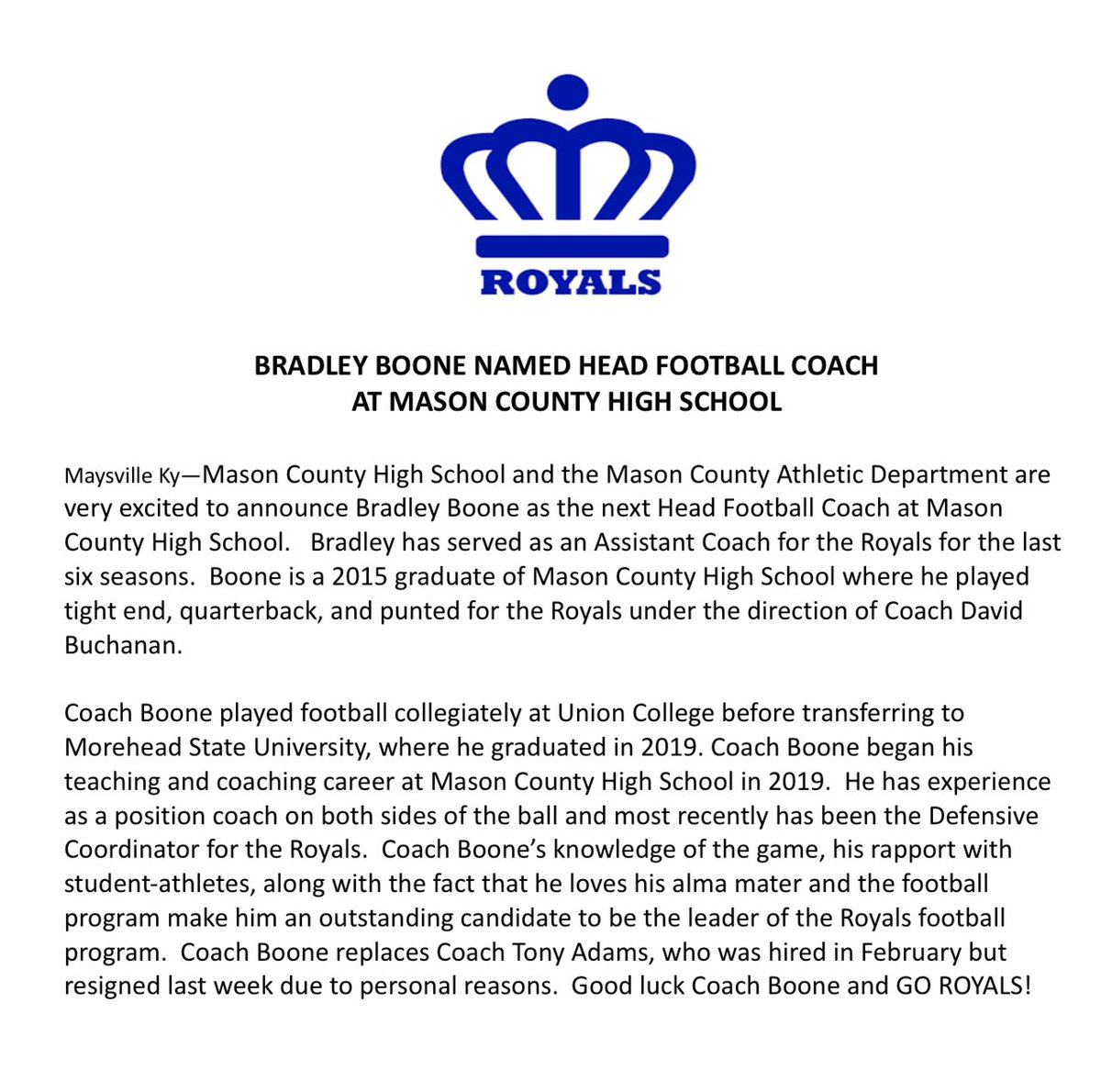 MCHS Athletic Department Announcement:

Bradley Boone named Head Football Coach @ MCHS 

press release attached…

#TogetherWeWin