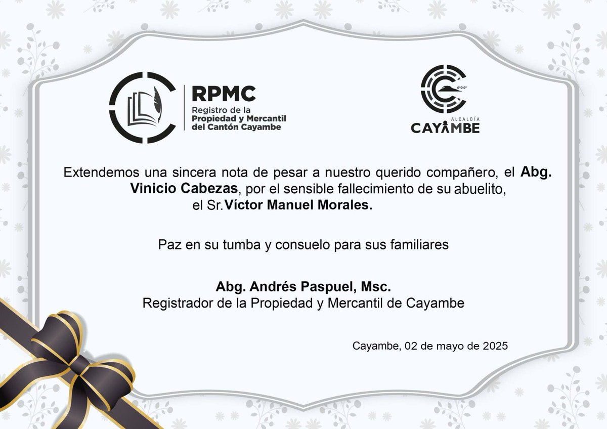 🖤 NOTA DE CONDOLENCIA

🕊 El #RPMC extiende una profunda nota de pesar a nuestro querido compañero, el Abg. Vinicio Cabezas Morales, ante la irreparable pérdida de su abuelito, el Sr. Víctor Manuel Morales. 

💐Paz en su tumba

#Registrodelapropiedad
#RegistroMercantil