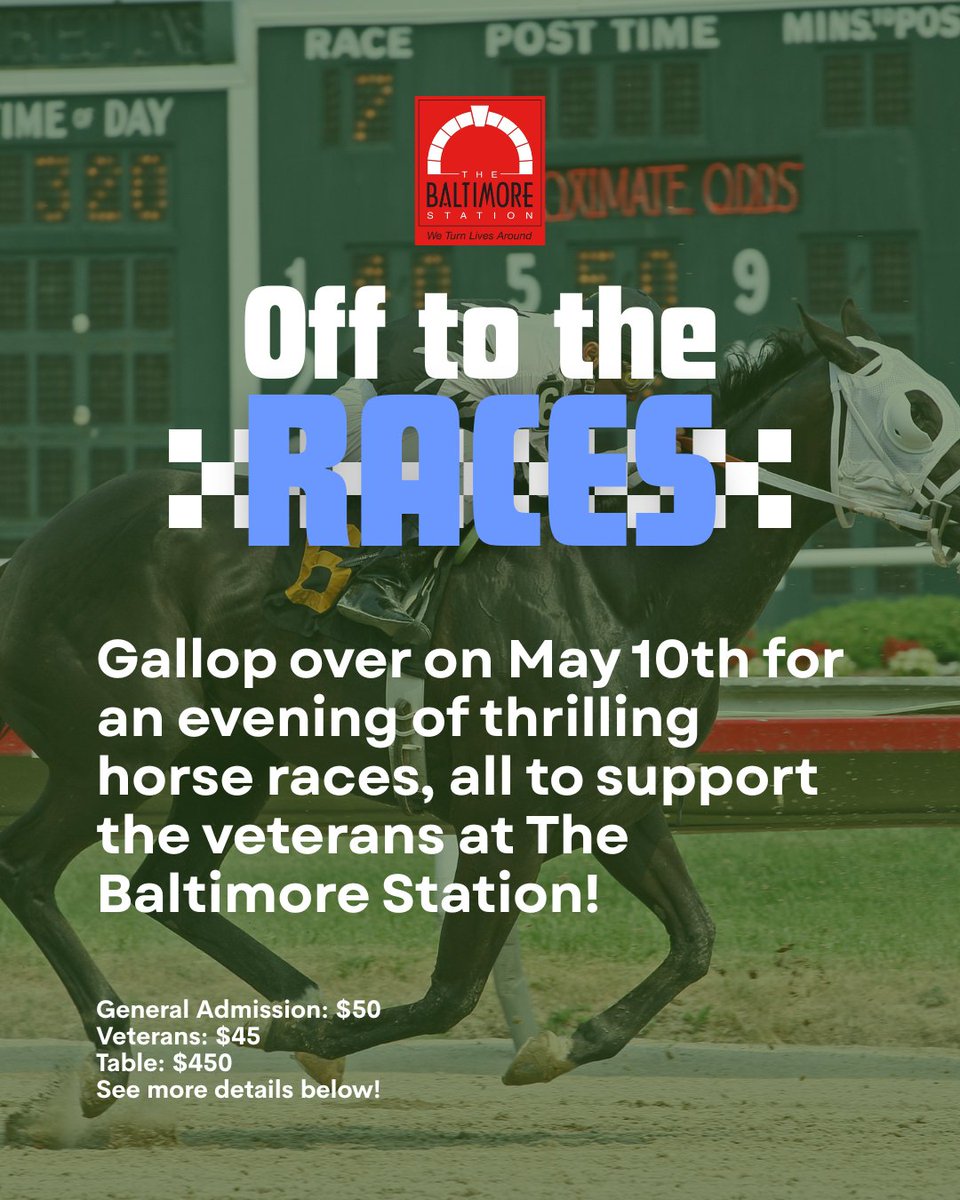 Join us on May 10 for the Off To The Races event! Bet, enjoy food &amp; drinks, and support homeless veterans at The Baltimore Station. 

Dress your derby best for the Best Dressed Award and own a horse for just $20!

🎟️ Tickets: baltimorestation.org/races #BaltimoreEvents