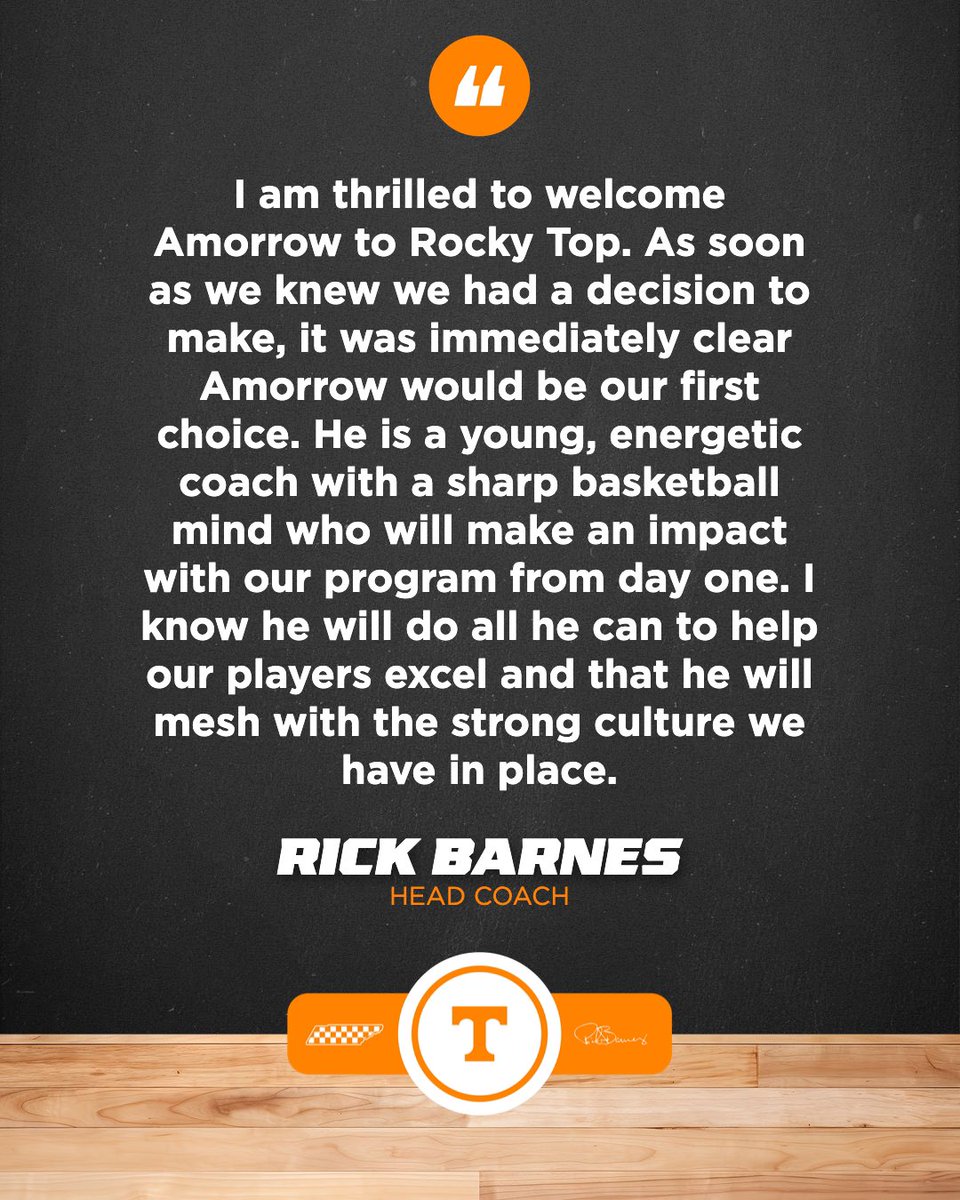 Tennessee Basketball (@vol_hoops) on Twitter photo “he will make an impact with our program from day one”
Coach Barnes welcomes <a href="/AmorrowMorgan/">Coach Amorrow Morgan</a> to Rocky Top “he will make an impact with our program from day one”
Coach Barnes welcomes <a href="/AmorrowMorgan/">Coach Amorrow Morgan</a> to Rocky Top