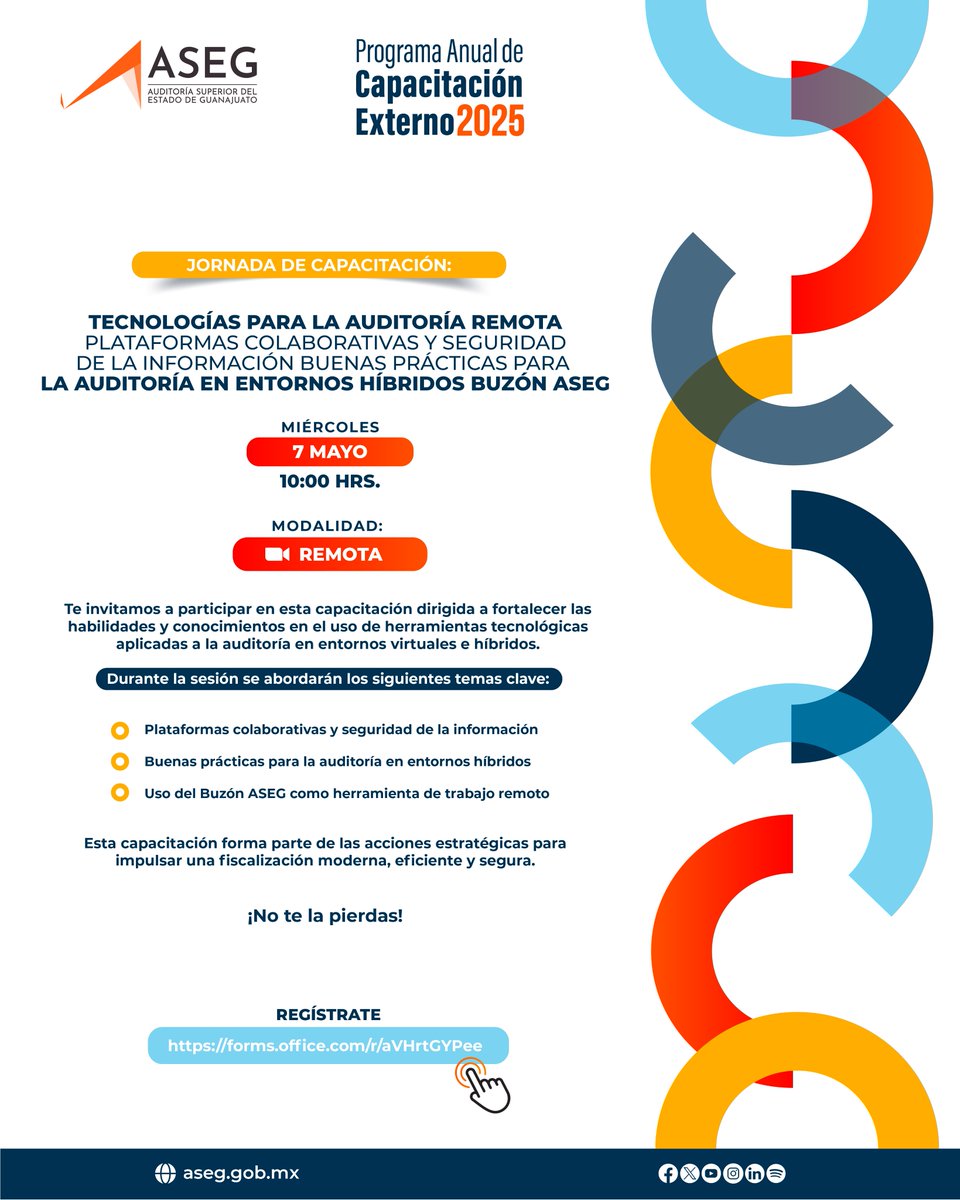 asegto's tweet image. 🚨 ¡Jornada de capacitación! 🚨
🔍 Tecnologías para la Auditoría Remota: Plataformas Colaborativas y Seguridad de la Información, Buenas Prácticas para la Auditoría en Entornos Híbridos y Uso del Buzón ASEG
🔗 Regístrate aquí: forms.office.com/r/aVHrtGYPee