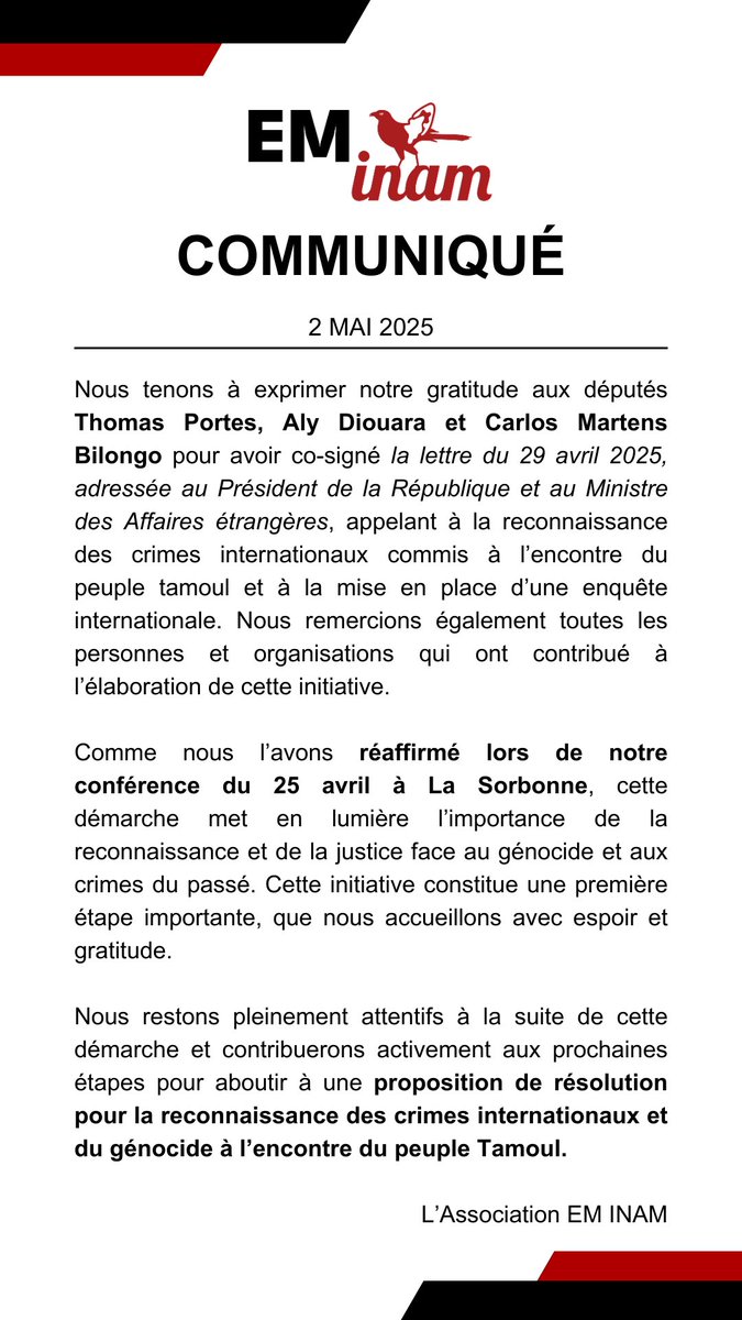 EM INAM (@eminamofcl) on Twitter photo Merci aux députés <a href="/Portes_Thomas/">Thomas Portes</a>, <a href="/BilongoCarlos/">Carlos Martens Bilongo</a> et <a href="/AlyDiouara/">Aly D</a> pour cette lettre adressée au Président de la République et au Ministre des Afraires étrangères. Notre réaction ⬇️ Merci aux députés <a href="/Portes_Thomas/">Thomas Portes</a>, <a href="/BilongoCarlos/">Carlos Martens Bilongo</a> et <a href="/AlyDiouara/">Aly D</a> pour cette lettre adressée au Président de la République et au Ministre des Afraires étrangères. Notre réaction ⬇️