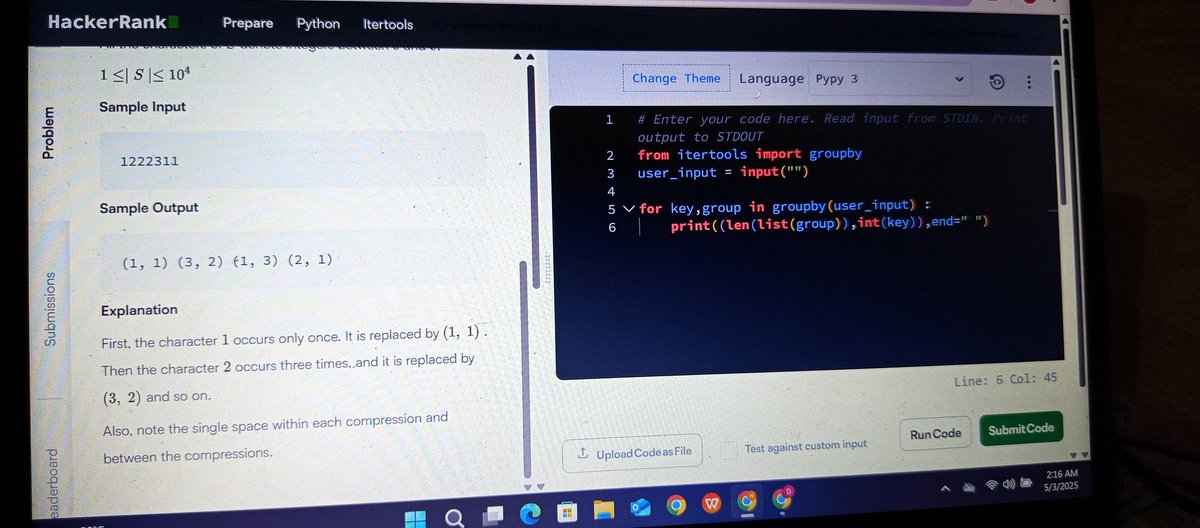 syeddhuzaifa's tweet image. Solved a string compression challenge on HackerRank today — and discovered Python&apos;s itertools.groupby in the process.

It groups consecutive repeating items. Perfect for clean, readable code.

One more concept unlocked!

#Python #developer #hackerank #CodingChallenge