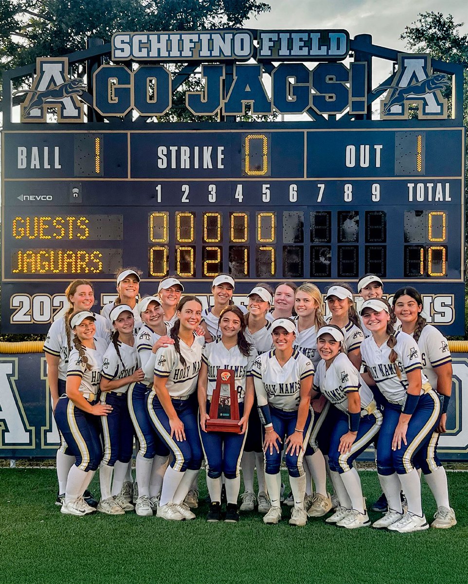 Your 3A-District 10 softball champions! For the third year in a row, our Jaguar softball team has claimed the title of district champions, defeating Chamberlain 10-0 in five innings. AHN will host a 7:00 pm region quarterfinal on Wednesday against DeSoto County HS. Go Jags!