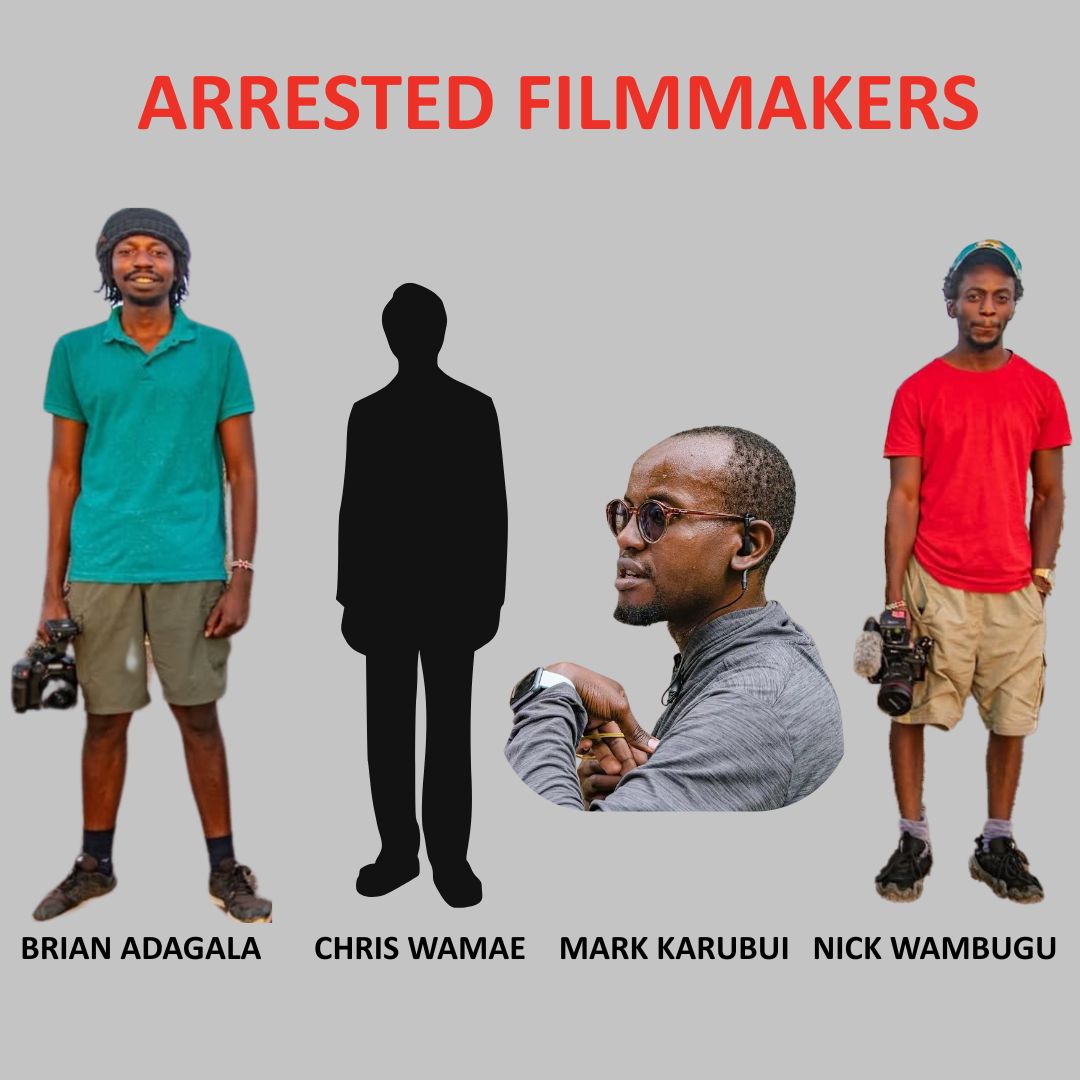 The police have arrested three filmmakers, Nicholas Wambugu, Brian Adagala, MarkDenver Karubiu, and Chris Wamae at their offices at Karen Village.  The police confiscated their equipment, and hard drives. 

One of them managed to make a call and said they have been split into two
