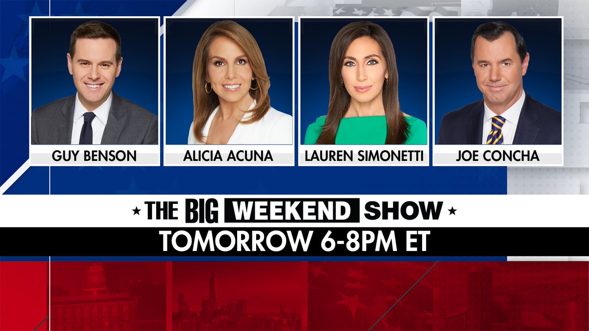Alicia Acuna (@aacuna1) on Twitter photo Looking forward to a great Saturday with <a href="/guypbenson/">Guy Benson</a> <a href="/SimonettiLauren/">Lauren Simonetti</a> and <a href="/JoeConchaTV/">Joe Concha</a> ! Joins us for <a href="/BigWeekendShow/">The Big Weekend Show</a> 😀 Looking forward to a great Saturday with <a href="/guypbenson/">Guy Benson</a> <a href="/SimonettiLauren/">Lauren Simonetti</a> and <a href="/JoeConchaTV/">Joe Concha</a> ! Joins us for <a href="/BigWeekendShow/">The Big Weekend Show</a> 😀