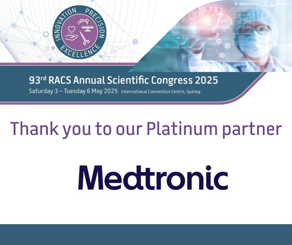RACSurgeons's tweet image. Thank you to our platinum partner Medtronic for their support of the RACS ASC 2025. Your partnership plays a vital role in the ASC’s continued success, and we look forward to welcoming you in Sydney for another incredible event. Pop in to see the Medtronic team at booth 33 today.