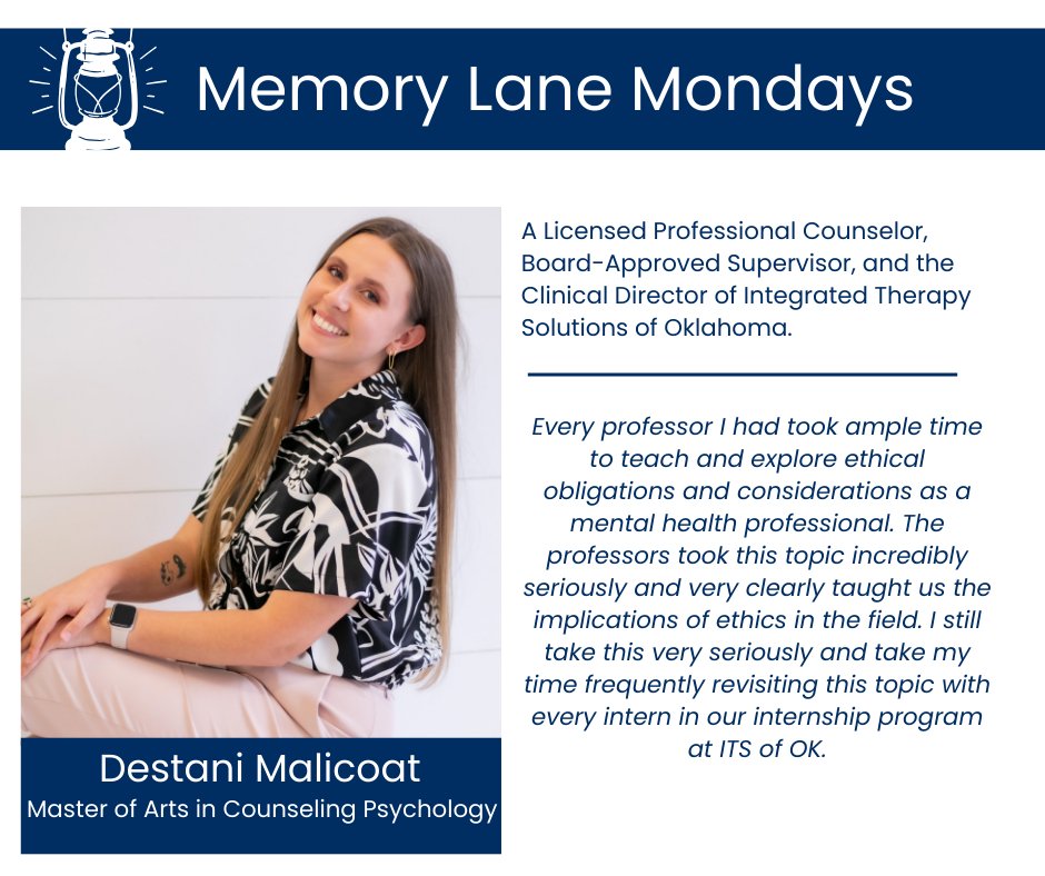 Meet Destani Malicoat, UCO Counseling Psych ‘21 grad, LPC-S, &amp; Clinical Director at ITS of OK. Certified OCD specialist, mentor, &amp; 2023 Next Gen Under 30 Award honoree. Learn more at blogs.uco.edu/graduate/ceps/
#UCOGrad #MentalHealthLeader