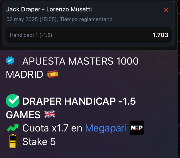 ⭐️  NUEVO DIA GANANDO 

⚡️ Tremendo nivel de Draper vs Musetti hoy y llega a la final del domingo en el #MadridOpen contra Ruud…

📈 Entramos en una linda rachita ganadora, que esperas para entrar papa!! Te espero

#madridopen2025 #TennisPicks