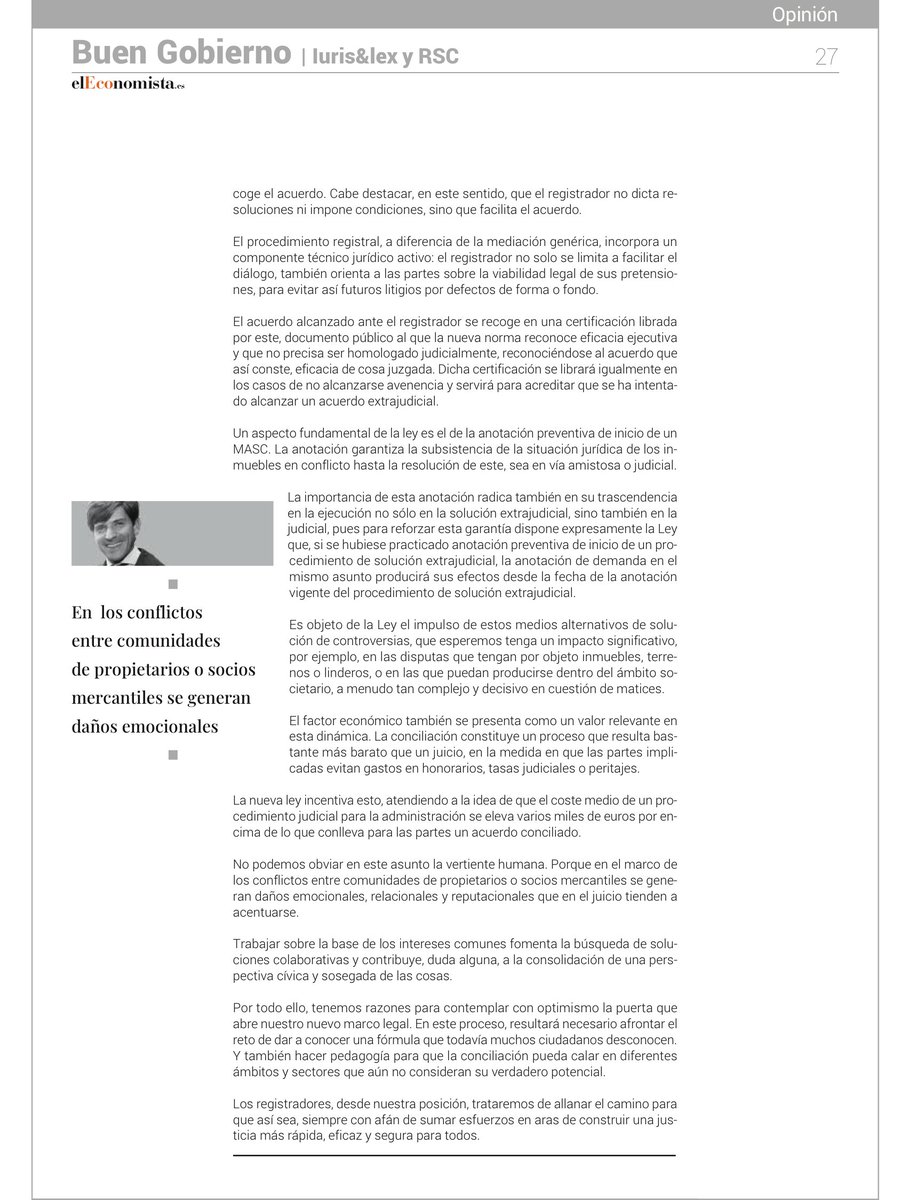 Sebastián del Rey <a href="/sebastiadelrey/">Sebastián del Rey</a>, director de Relaciones Institucionales del Colegio de Registradores, escribe en <a href="/elEconomistaes/">elEconomista.es</a> "Una nueva ley que impulsa la conciliación registral".

✍️ kiosco.eleconomista.es/e-paper/viewer…