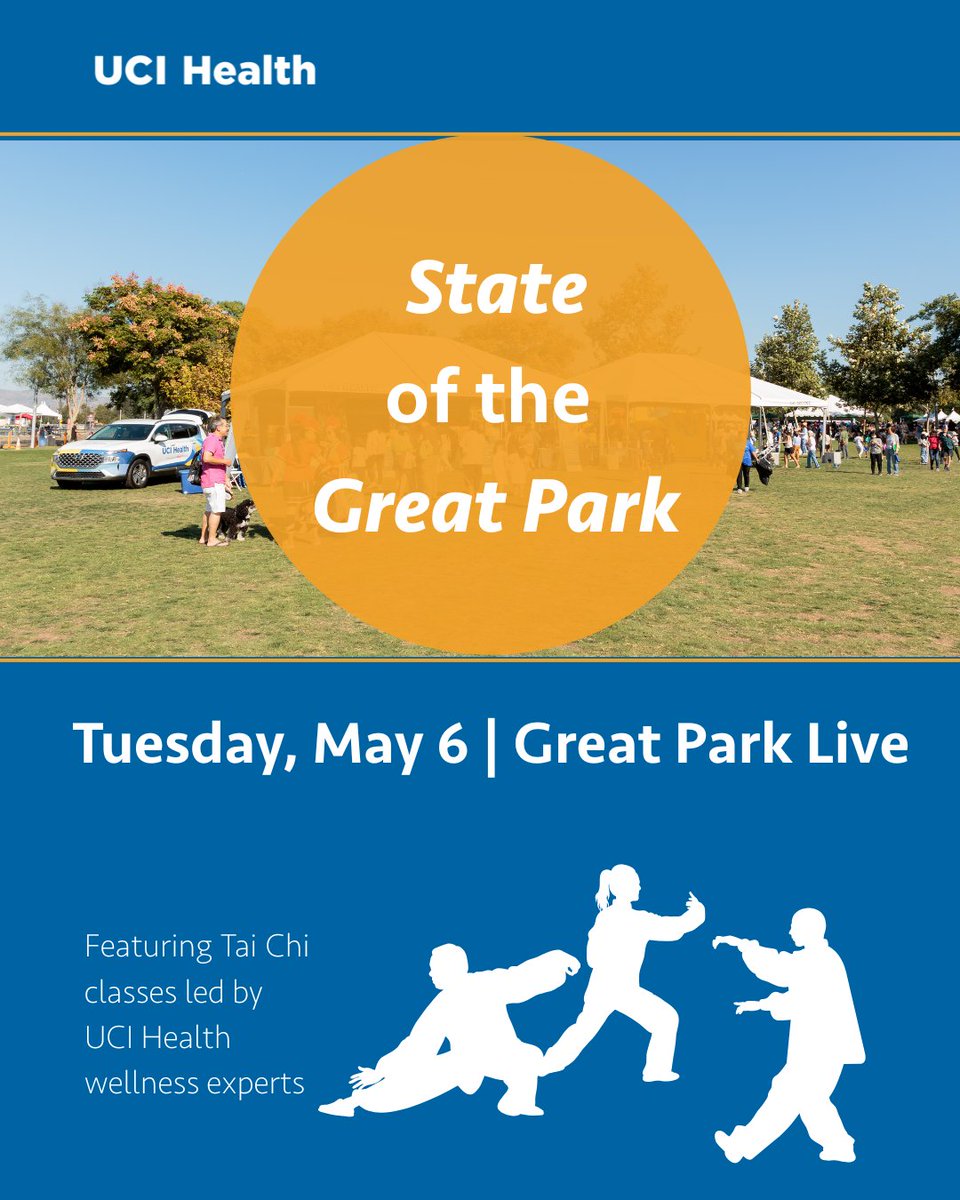 Join #UCIHealth and the City of #Irvine on Tuesday, May 6, for the State of the Great Park event. Enjoy interactive exhibits, including two Tai Chi classes led by #UCIHealth wellness experts. 

Learn more at bit.ly/3EzpO3y
