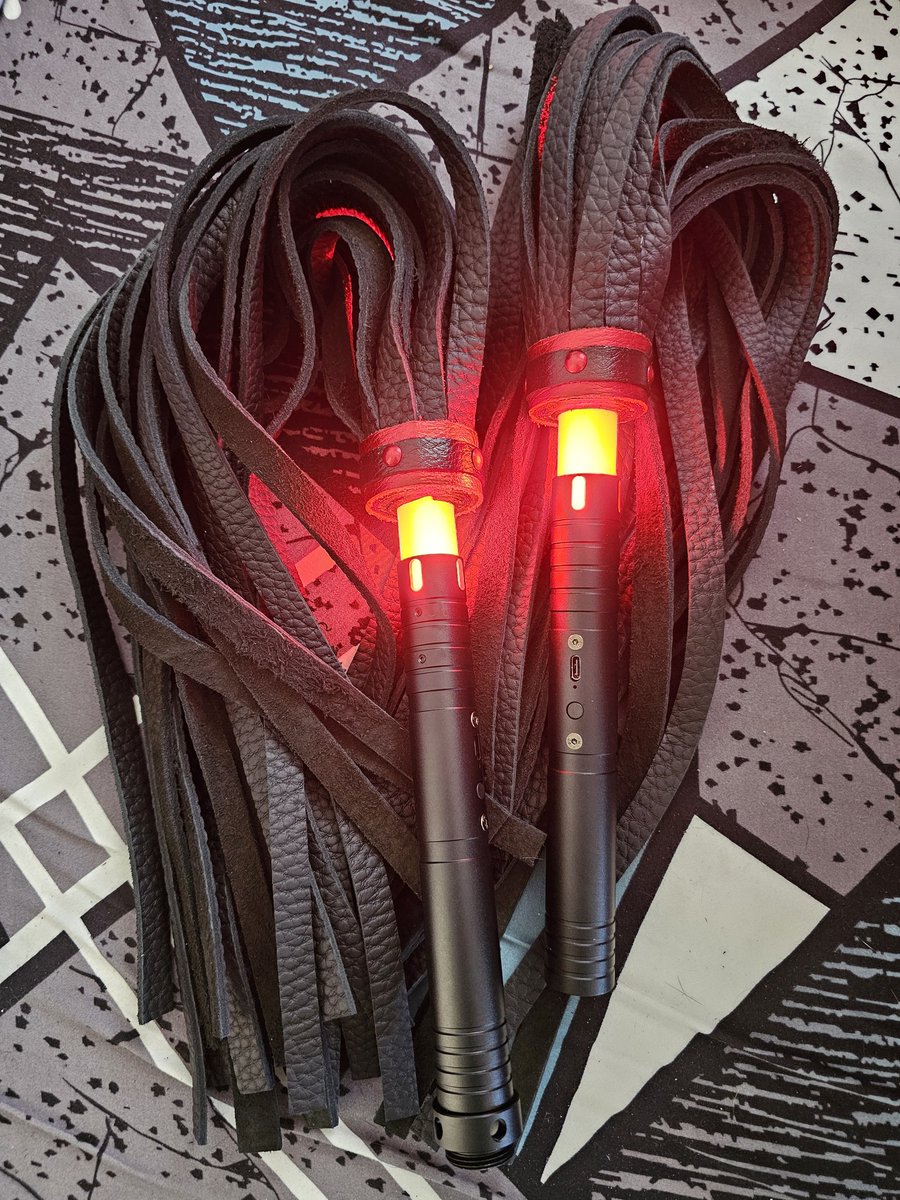 Ron's personal Light saber floggers! Black Buffalo hide falls. Even plays theme music when turned on, has motion/impact activated sounds and lights. Metallic Red wraps and pins. AND THEY SCREW TOGETHER! Lets make him part with them... 😬
<a href="/DomConLA/">ᗪOᗰᑕOᑎ®</a> <a href="/ASNLifestyleMag/">ASN Lifestyle Magazine ™</a> <a href="/Lorenzo4016/">Lorenzo</a>
