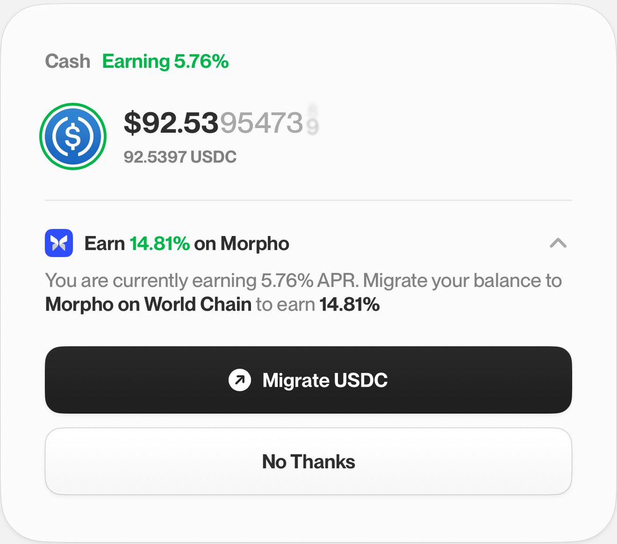 That <a href="/MorphoLabs/">Morpho 🦋</a> rate on <a href="/USDC/">USDC</a> on <a href="/worldcoin/">World</a> rn 👀 

Time to 🚡 migrate that Earn balance with <a href="/joinlegend/">Legend</a> — always get the best rate available🔥