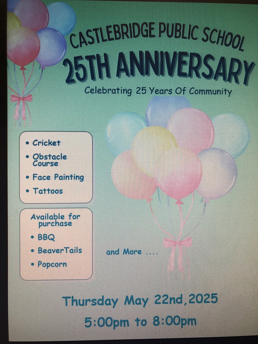 Are you a past student, past staff member, past community member of <a href="/CastlebridgePS/">Castlebridge PS</a> ? Then come out May 22 and celebrate its 25th Anniversary !! <a href="/PeelSchools/">Peel District School Board</a>