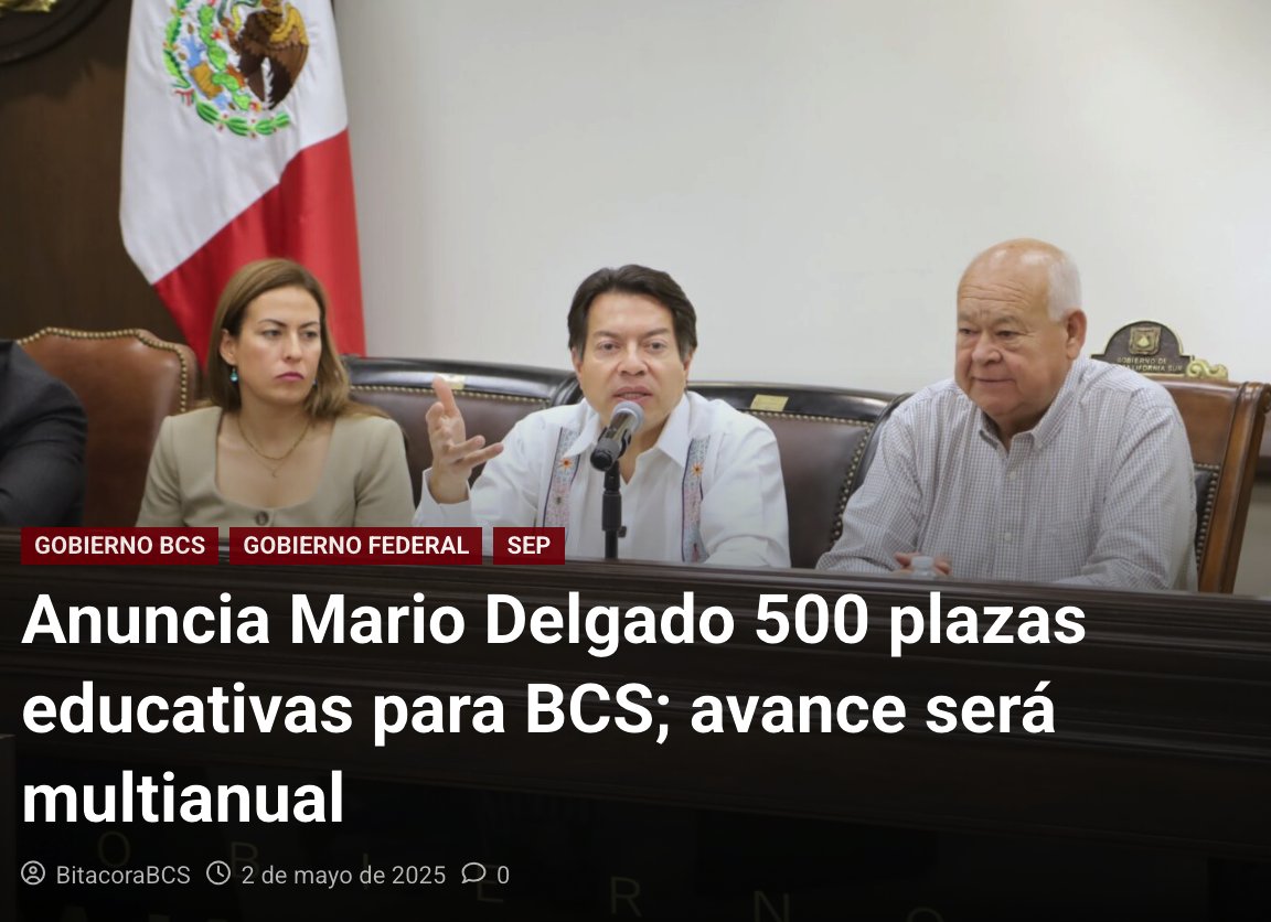 Anuncia <a href="/SEP_mx/">SEP México</a> regularización de plazas educativas y horas en #BCS Ante <a href="/GobBCS/">Gobierno de BCS</a>, <a href="/mario_delgado/">Mario Delgado</a> informa que plan integral inicia con 300 plazas administrativas, 200 docentes y 3 mil horas asignatura. <a href="/VictorCastroCos/">Víctor Castro</a> agradece la respuesta a "histórica demanda".