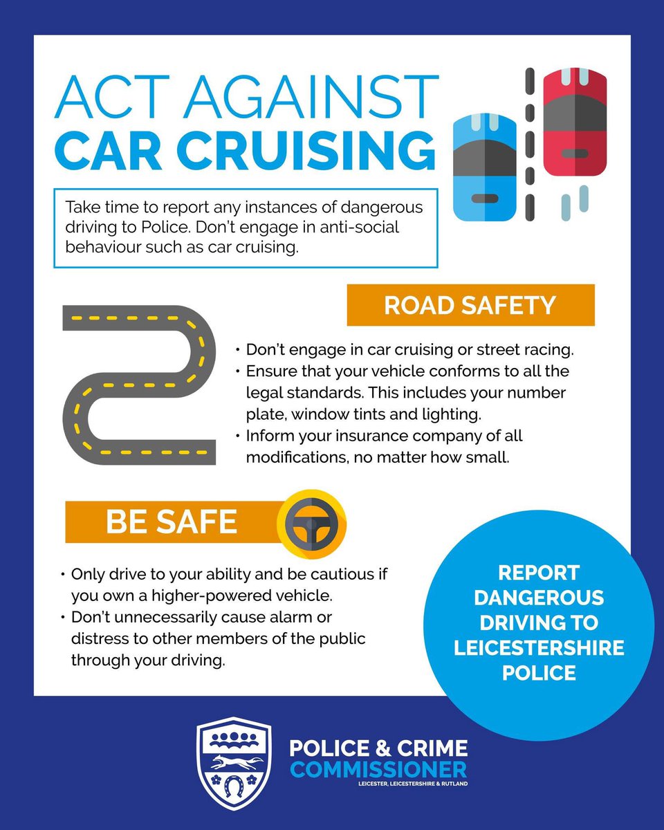 Leicestershire OPCC (@leicspcc) on Twitter photo ๐๐ฐ๐ ๐๐ด๐ฎ๐ถ๐ป๐๐ ๐๐ฎ๐ฟ ๐๐ฟ๐๐ถ๐๐ถ๐ป๐ด
Car cruising can disrupt our neighbourhoods with dangerous driving and unwanted noise. Take a look at how to stay safe and help our communities. ๐๐
Find out more about Road Safety via Leicestershire Police
leics.police.uk/advice/advice-โฆ ๐๐ฐ๐ ๐๐ด๐ฎ๐ถ๐ป๐๐ ๐๐ฎ๐ฟ ๐๐ฟ๐๐ถ๐๐ถ๐ป๐ด
Car cruising can disrupt our neighbourhoods with dangerous driving and unwanted noise. Take a look at how to stay safe and help our communities. ๐๐
Find out more about Road Safety via Leicestershire Police
leics.police.uk/advice/advice-โฆ