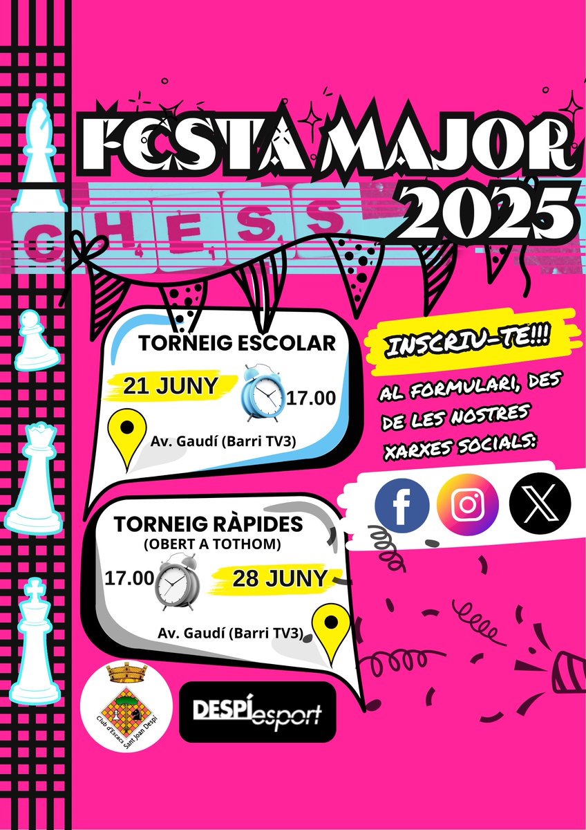 📣Anem adelantant la feina, i ja publiquem les dates dels:
🅣🅞🅡🅝🅔🅙🅞🅢 🅕🅔🅢🅣🅐 🅜🅐🅙🅞🅡
Enllaços 🔗:

ESCOLAR: forms.gle/5qkrfhufw31yV7…

OBERT A TOTHOM: forms.gle/rFJSnPt5y4inAn…

Termini inscipcions: dia anterior als tornejos

Animeu-vos!!!!

<a href="/DESPIesport/">DESPÍesport</a>