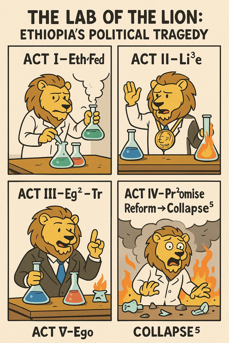 For those who only understand advanced chemistry:

“The Lab of the Lion: Ethiopia’s Political Tragedy”

Act I – Eth⁴Fed
The empire is engineered to divide. Ethnic Federalism is born—fragile, explosive. Applause hides the fracture lines.

Act II – Li³e
Leaders promise peace,