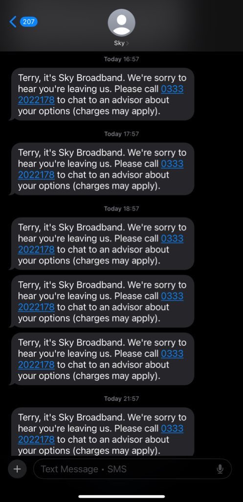t3ddybaker's tweet photo. @skytv system glitch? Or just stalking? Couldn’t fit anymore on the screenshot but they are still coming through!  I’m getting at least 1 text every hour! #SkyTV @SkyUK https://t.co/bI5tD6lfIb