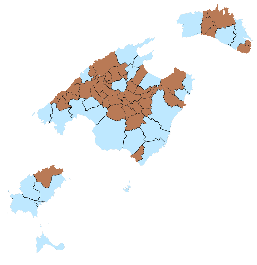 En marró, tots es municipis amb manco habitants que es nombre de creueristes que varen inundar Palma aquest divendres.