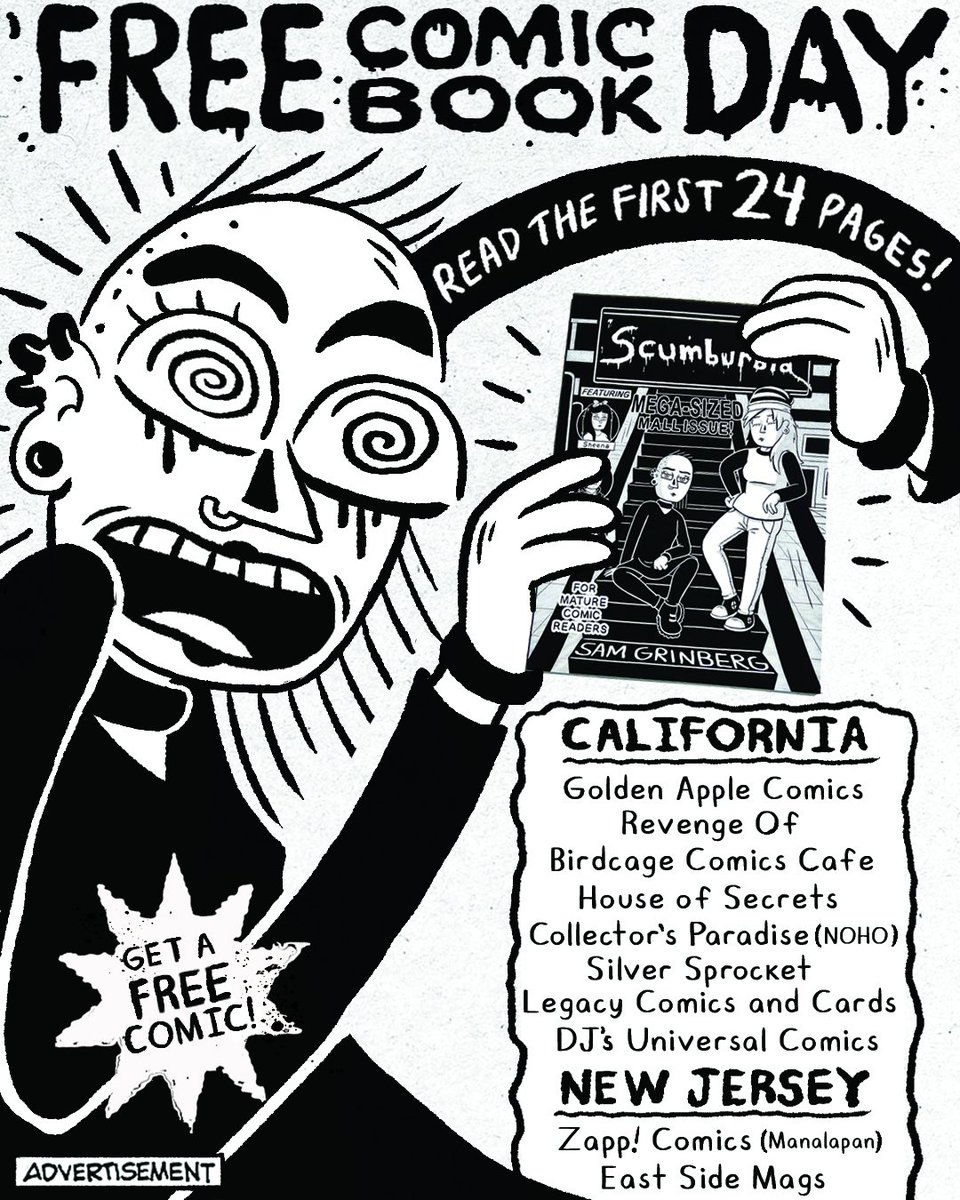 Sam_Grinberg's tweet image. TOMORROW! I’m taking part in my first ever @Freecomicbook 🤓 See below for all the participating stores in which you can pick up a FREE preview issue of SCUMBURBIA: MEGA SIZED MALL ISSUE ⚡️ thanks to all the stores listed for giving’ em out! Spread the word!