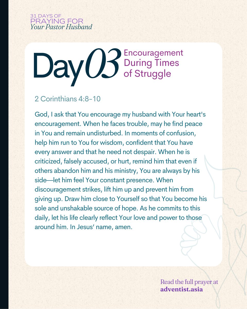 adventistasia's tweet photo. Even pastors get discouraged.
Pray that your husband finds strength and peace in God when facing criticism, confusion, or weariness.🙏
Download resources available at https://t.co/FobtUBFaDc.
#SupportYourPastor #EncourageHim #31DaysOfPrayer https://t.co/Km2DNNt6gH