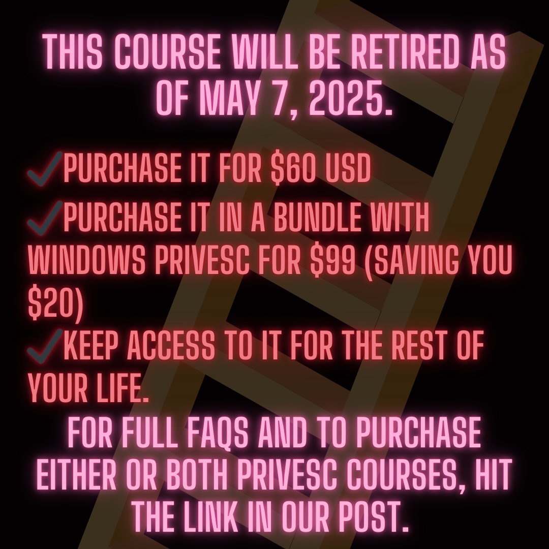 TCMSecurity's tweet image. Upgrade your privilege escalation game 🚀 with the Linux PrivEsc course from the TCM Security Academy. But you need to act fast - the course (alongside Windows #PrivEsc) will be retired May 7th.

Grab it before May 7th and get lifetime access, either on its own or bundled with