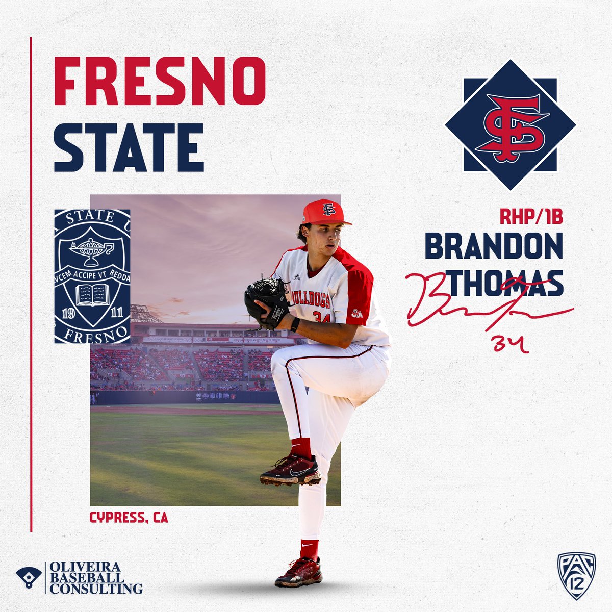Congrats to Brandon Thomas on his commitment to Fresno State University. The big righty is putting together a monster senior season. The Bulldogs are going to enjoy having him in Fresno. Fired up for the Thomas family! #FSU #GoDogs #Pac12 #Committed #OBC