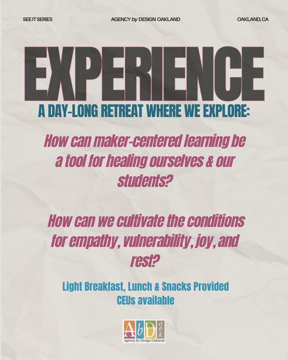 Educators, join us for a day-long retreat exploring maker-centered learning as a tool for healing. 
📍 Grass Valley Elem, Oakland
📅 Sat, May 31
🍽️ Food provided
🎓 CEUs available

🔗 Link in bio
#AbDOakland #MakerCenteredLearning #EducatorHealing