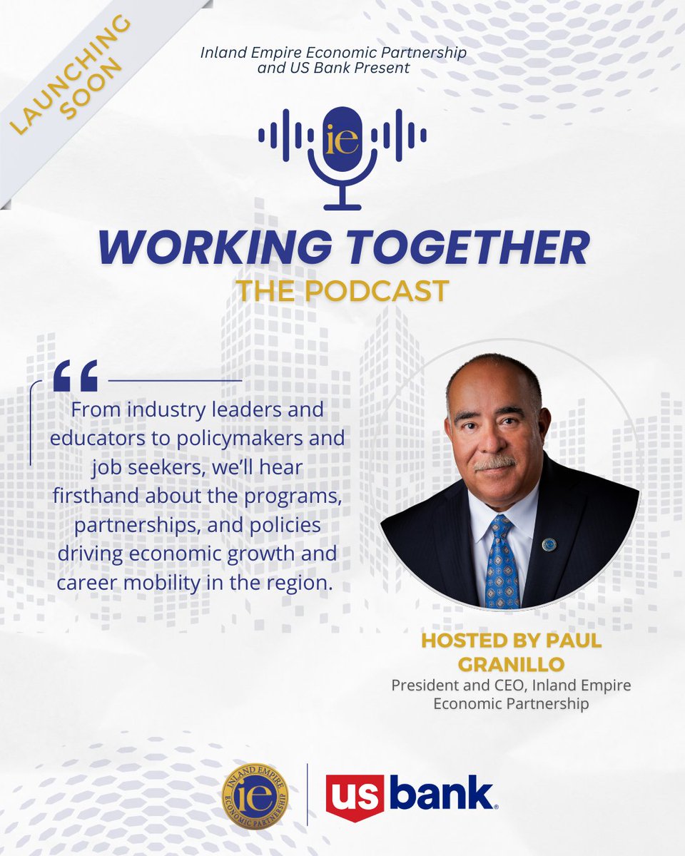 🎙️ IEEP is excited to announce the upcoming launch of IE Working Together, our new podcast dedicated to exploring workforce development in the Inland Empire.

Thank you to U.S. Bank for partnering with us to make this podcast possible!

🎧 1st episode drops next week. Stay tuned!