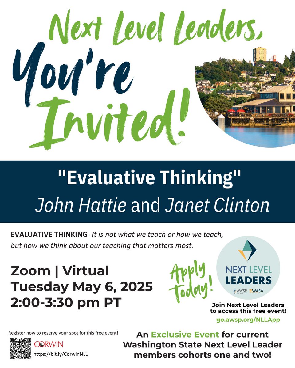 John Hattie and Janet Clinton for a powerful virtual event on Evaluative Thinking. 🎯📚
🗓 May 6 | 2:00–3:30PM PT
🎟 FREE for current Next Level Leader members (Cohorts 1 &amp; 2)
📲 Not a member? Apply now to gain access: go.awsp.org/NLLApp
✅ Members: bit.ly/CorwinNLL
