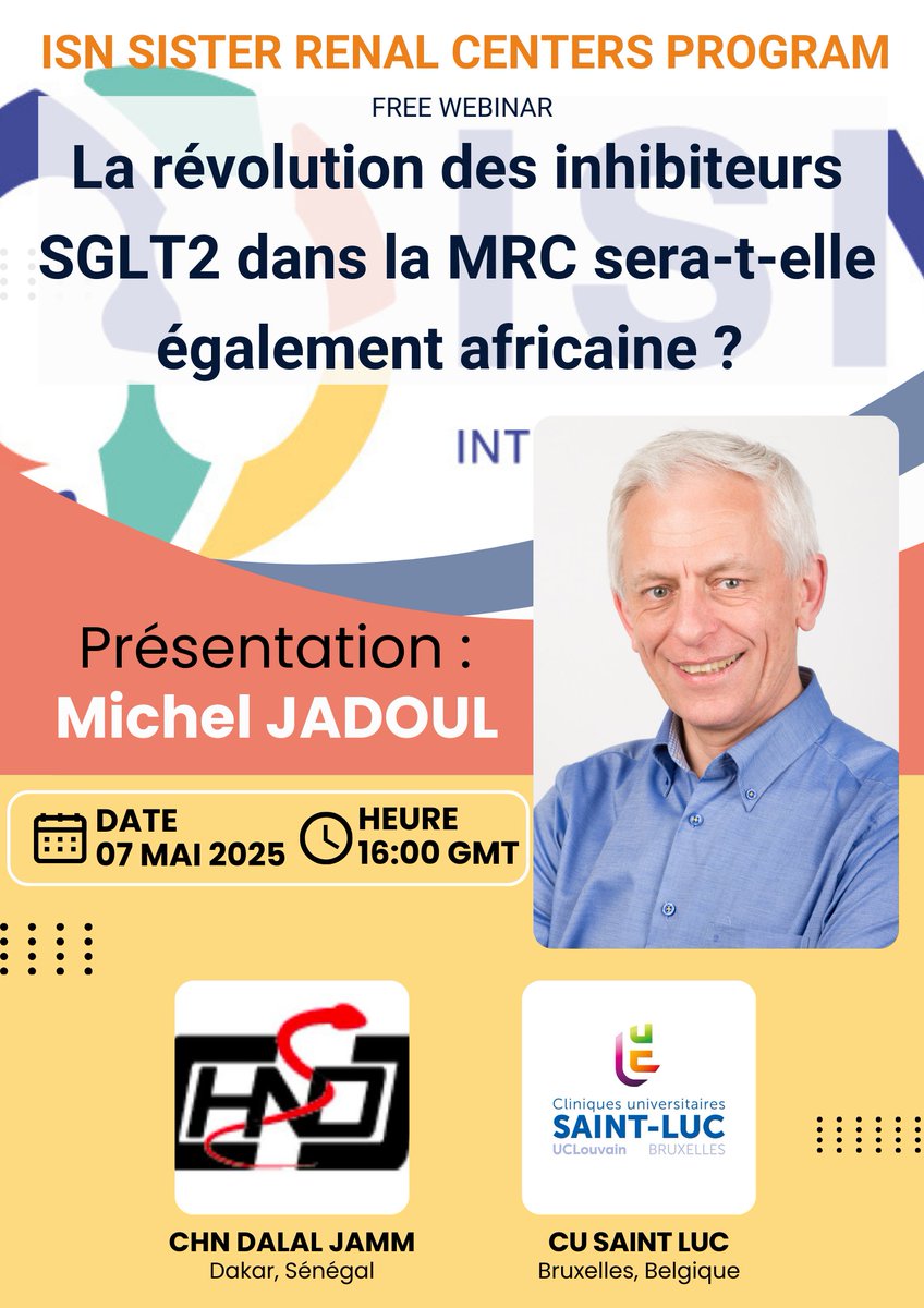 Niakhaleen NéphroGalsen 🇸🇳 (@niakhaleenkeita) on Twitter photo La révolution des inhibiteurs SGLT2 dans la MRC sera-t-elle également africaine ?
<a href="/ISNkidneycare/">Int Society of Nephrology</a> Sister Renal Center Program
<a href="/JammDalal/">Hôpital Dalal Jamm</a> 🇸🇳 & <a href="/ClinUnivStLuc/">Cliniques universitaires Saint-Luc</a> 🇧🇪
🗣️ <a href="/MichelJado1204/">Michel Jadoul</a>
🗓️ Mercredi 07 Mai 2025
🕒 16h00 GMT
🔗 En ligne La révolution des inhibiteurs SGLT2 dans la MRC sera-t-elle également africaine ?
<a href="/ISNkidneycare/">Int Society of Nephrology</a> Sister Renal Center Program
<a href="/JammDalal/">Hôpital Dalal Jamm</a> 🇸🇳 & <a href="/ClinUnivStLuc/">Cliniques universitaires Saint-Luc</a> 🇧🇪
🗣️ <a href="/MichelJado1204/">Michel Jadoul</a>
🗓️ Mercredi 07 Mai 2025
🕒 16h00 GMT
🔗 En ligne